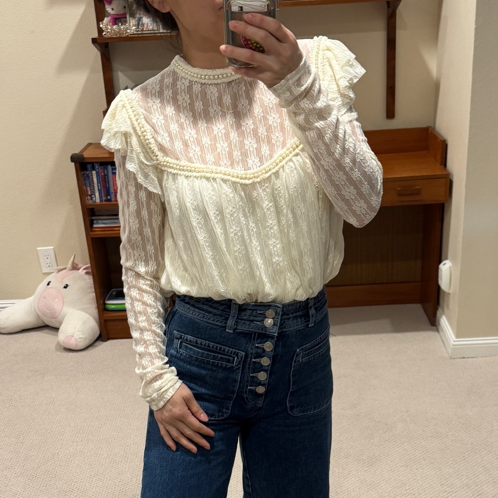 NWT Cream Lace Top With Pearl Trim